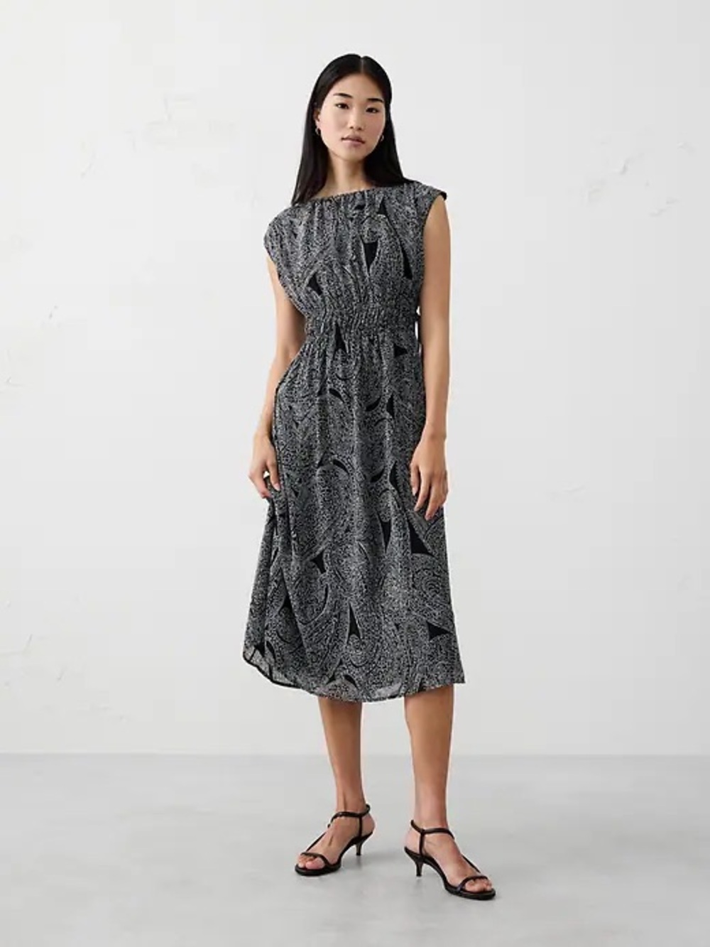 Banana Republic | Black & White Printed Side Tie Midi Dress